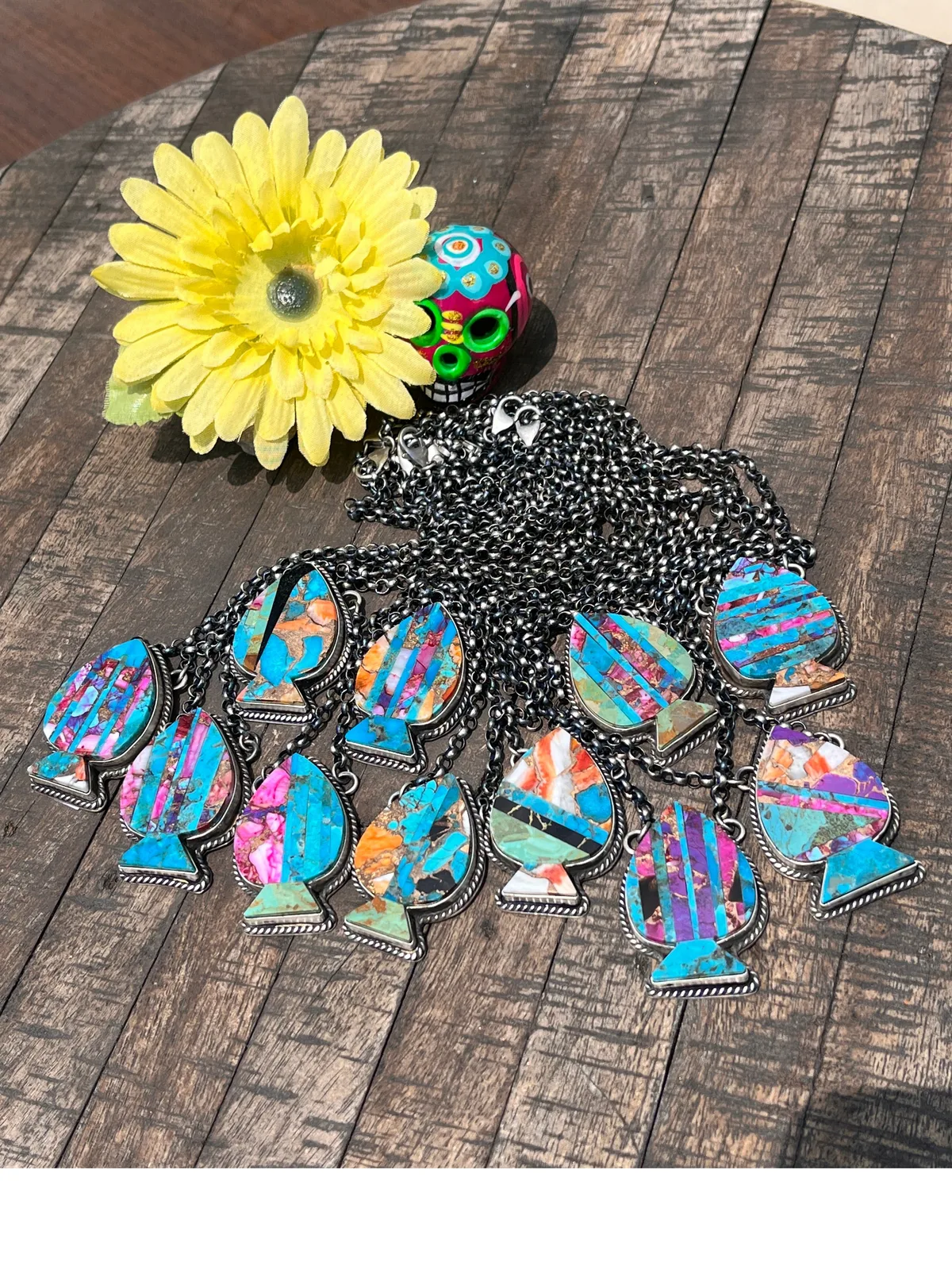 Multi Colored Inlay Spade Necklace 1-11