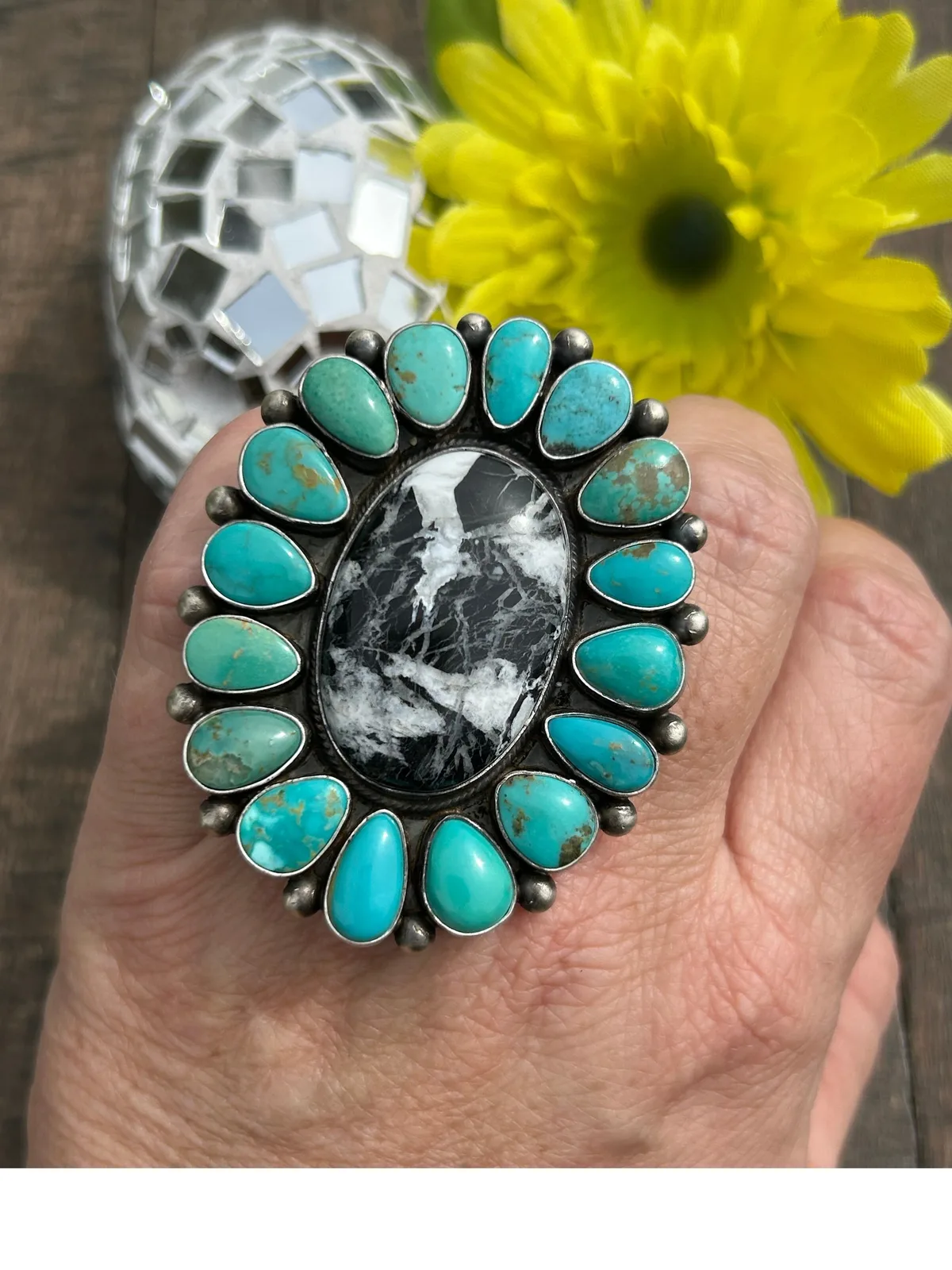 Kingman and White Buffalo Cluster Ring Sz. 7