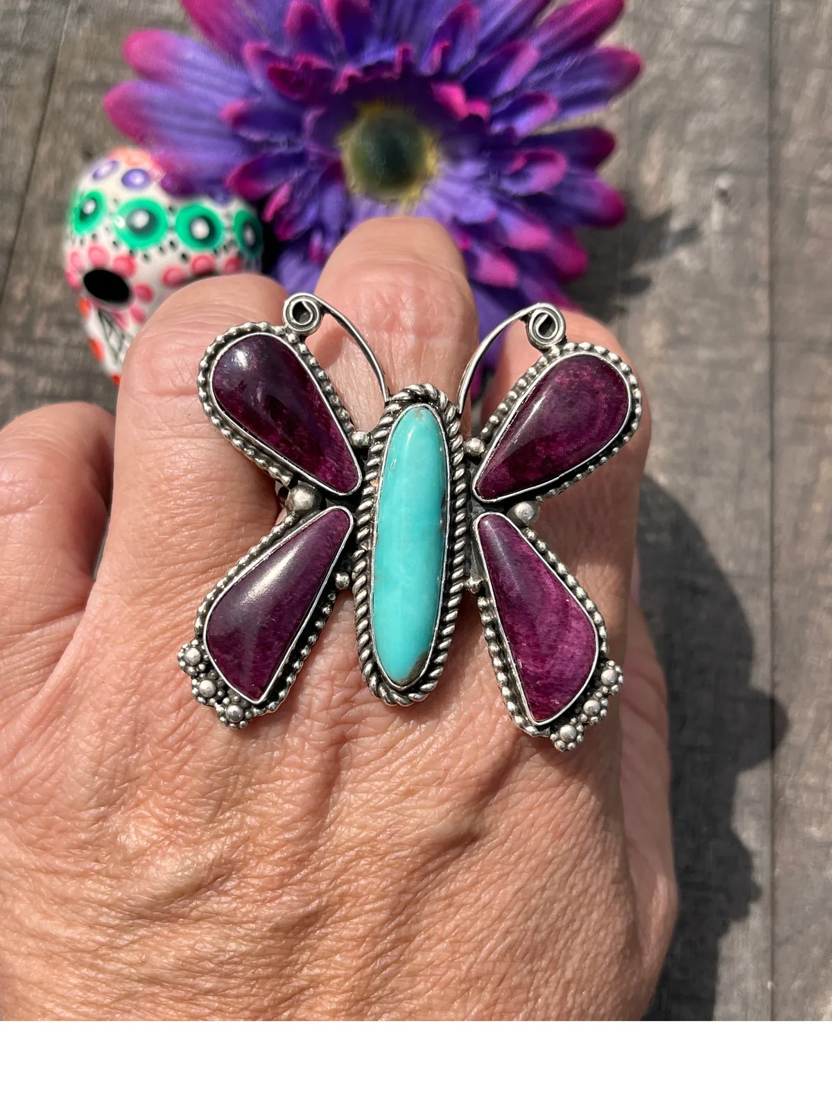Adjustable Kingman and Purple Spiny Butterfly Ring