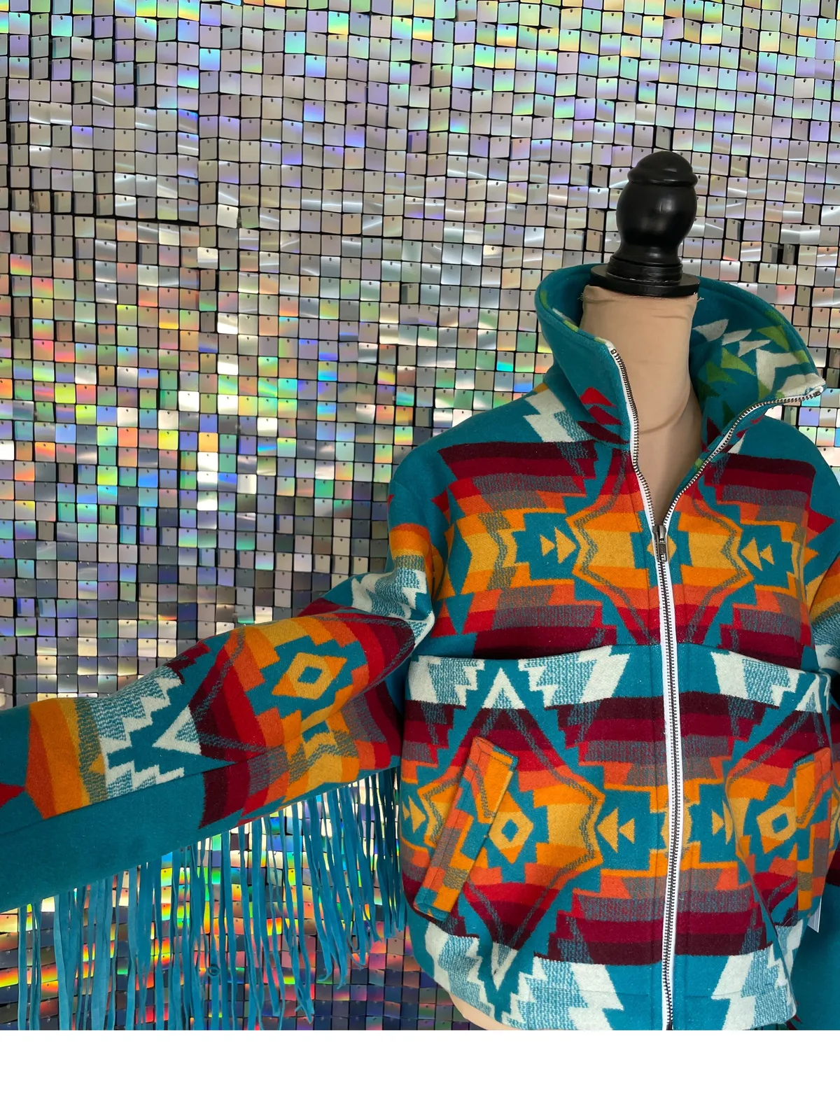 Turquoise Fringe Cropped Archer Jacket
