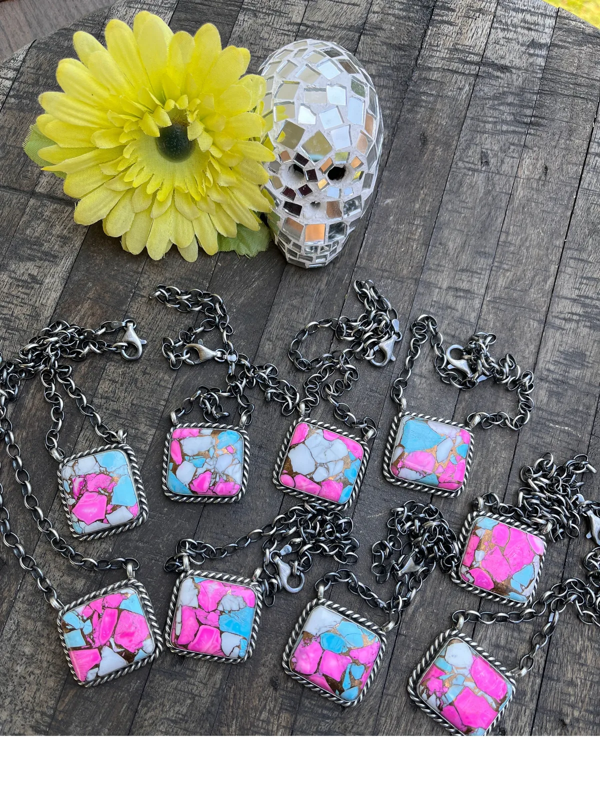 Cotton Candy Kingman Turquoise Square Necklace #1-9