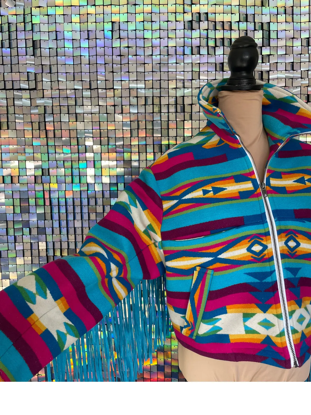 San Gabriel Turquoise Fringe Cropped Archer Jacket