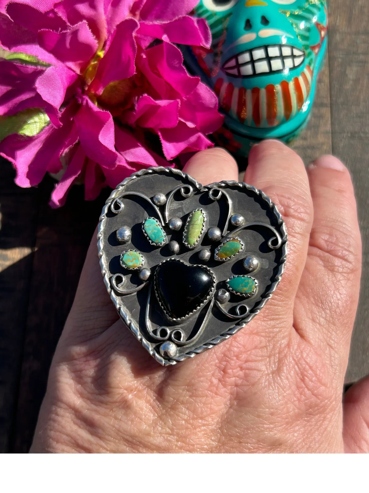 Adjustable Kingman And Black Onyx Heart Ring #6