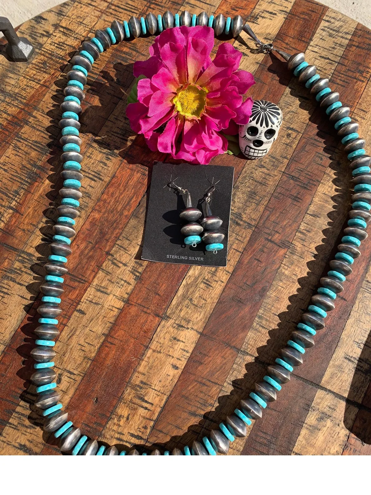 Turquoise & Sterling Saucer Pearls Necklace Set