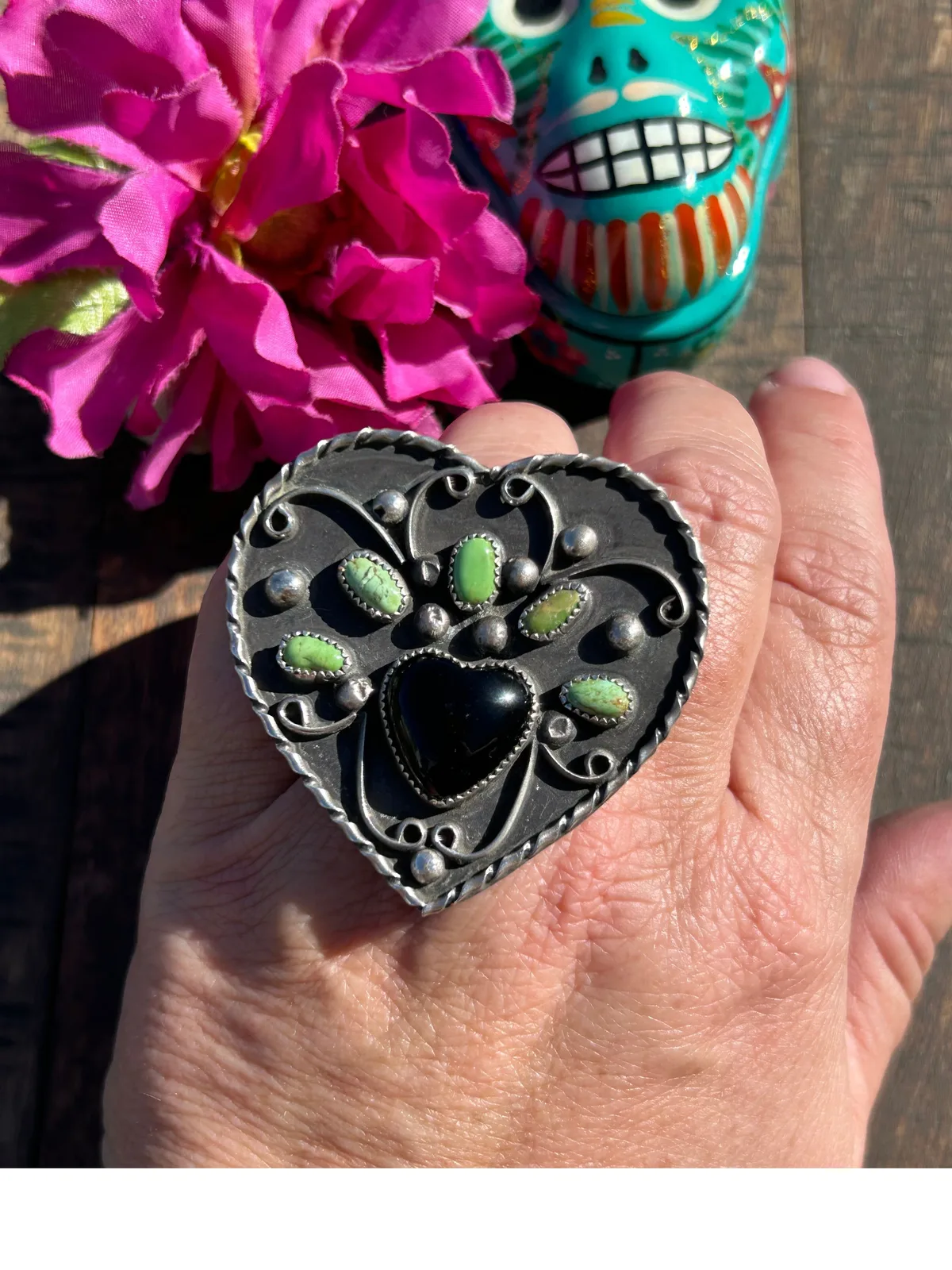 Adjustable Kingman And Black Onyx Heart Ring #7
