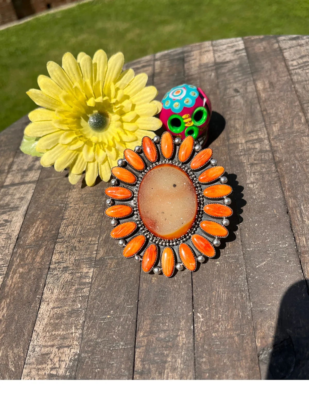 Adjustable Druzy and Orange Spiny Ring